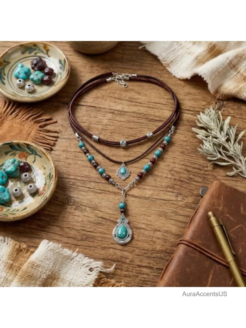 Layered Turquoise Beaded Choker Necklace Boho Cowgirl Pendant PU Leather